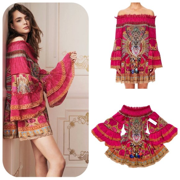 NWT Auc Camilla Off Shoulder Dress With Smocking in Lounge Hour - Picture 4 of 17